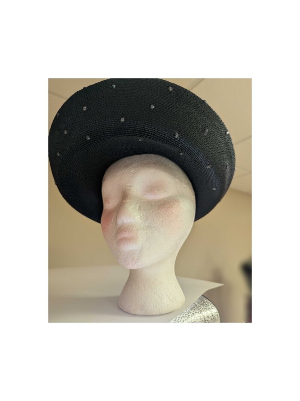 Exagerrated Breton Vintage Straw Hat Cream w Black Brim w Rhinestones Rozanne NY